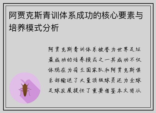 阿贾克斯青训体系成功的核心要素与培养模式分析