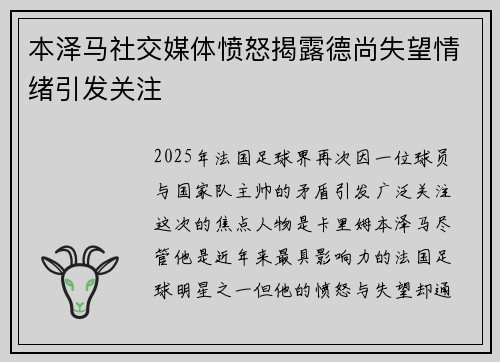 本泽马社交媒体愤怒揭露德尚失望情绪引发关注