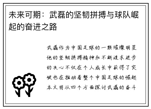 未来可期：武磊的坚韧拼搏与球队崛起的奋进之路